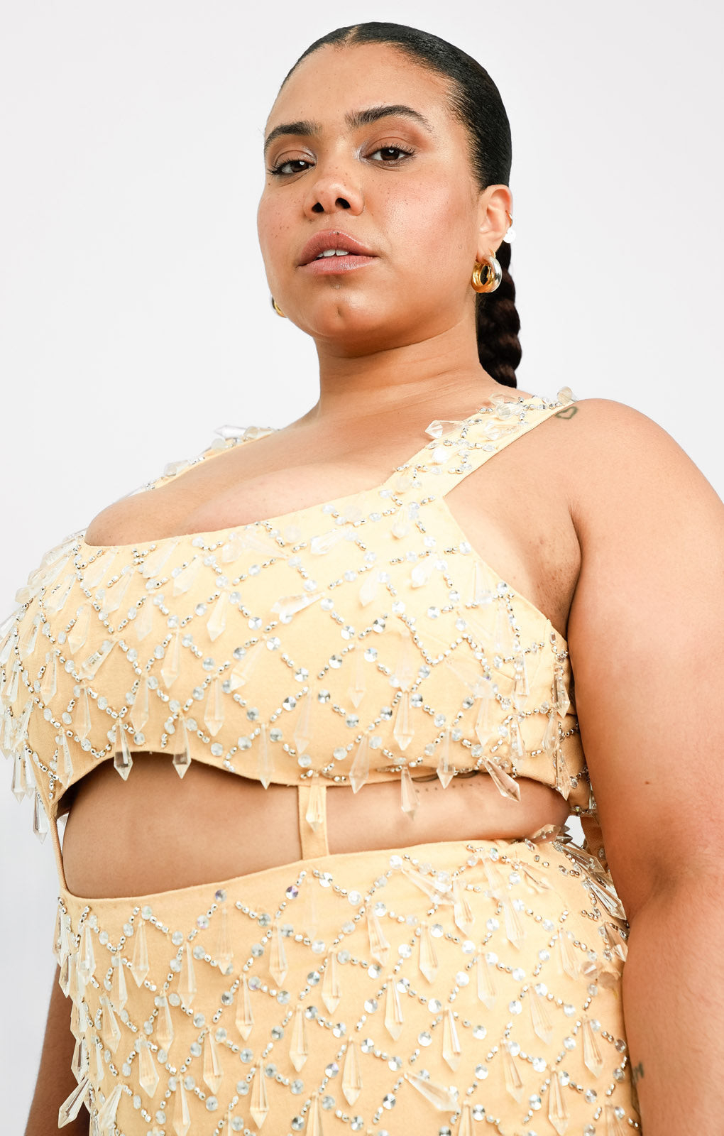 ASOS DESIGN Curve Dripped Jewel Embellished Twill Mini Dress With Cut Out Drop Waist Detail In Stone