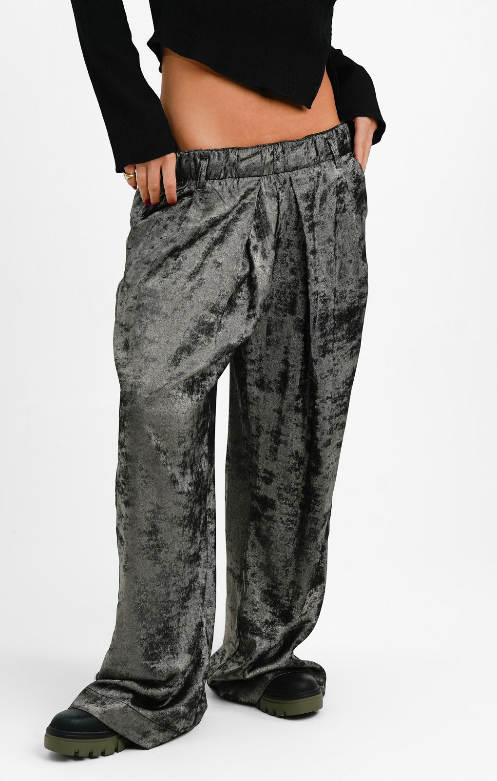 Free People Wide Leg Trousers In Metallic Gunmetal Grey
