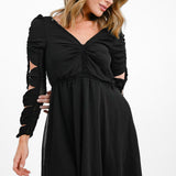 Topshop Shirred Elasticated Arm Detail V Neck Mini Tea Dress In Black
