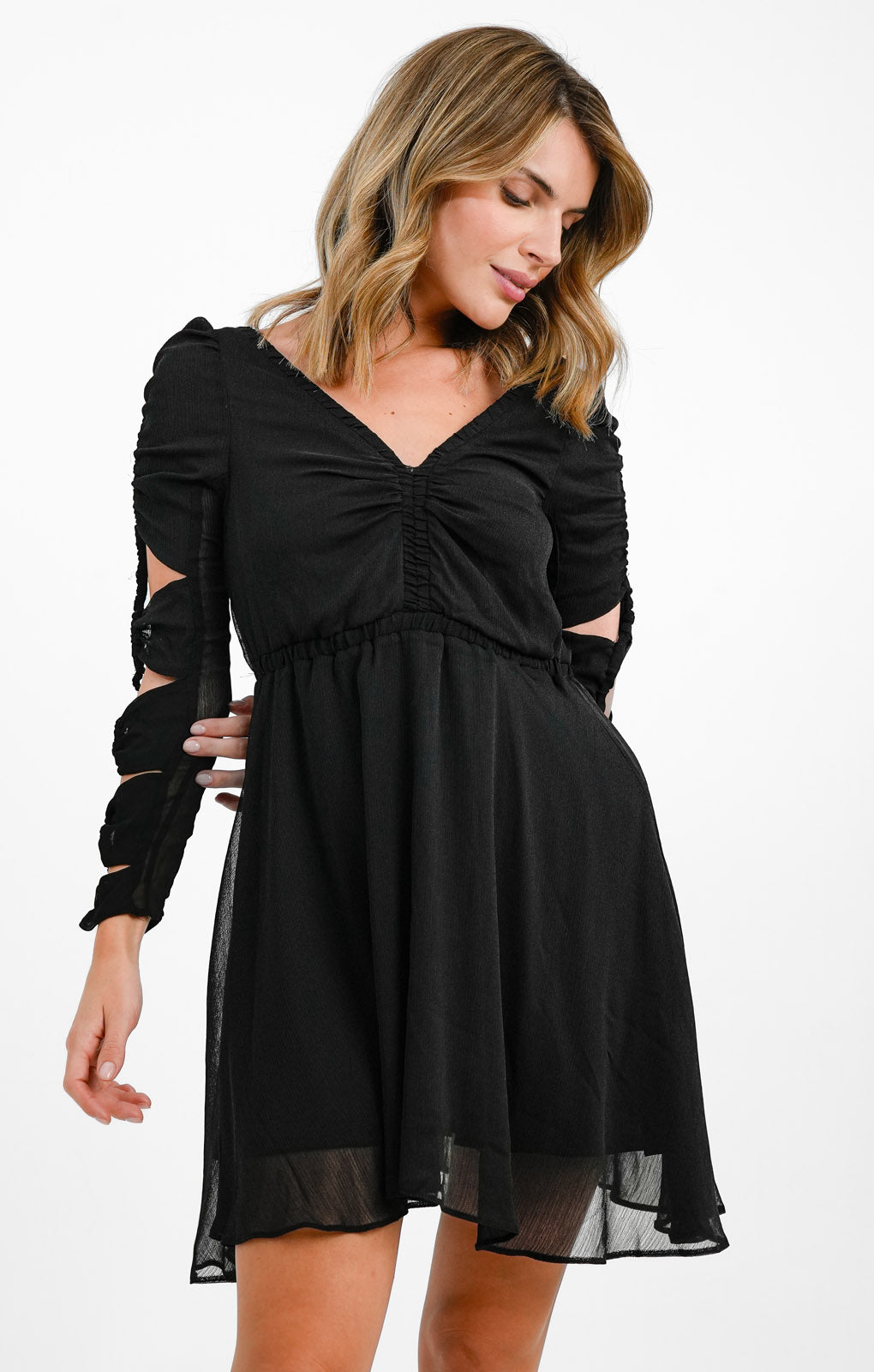 Topshop Shirred Elasticated Arm Detail V Neck Mini Tea Dress In Black