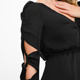 Topshop Shirred Elasticated Arm Detail V Neck Mini Tea Dress In Black