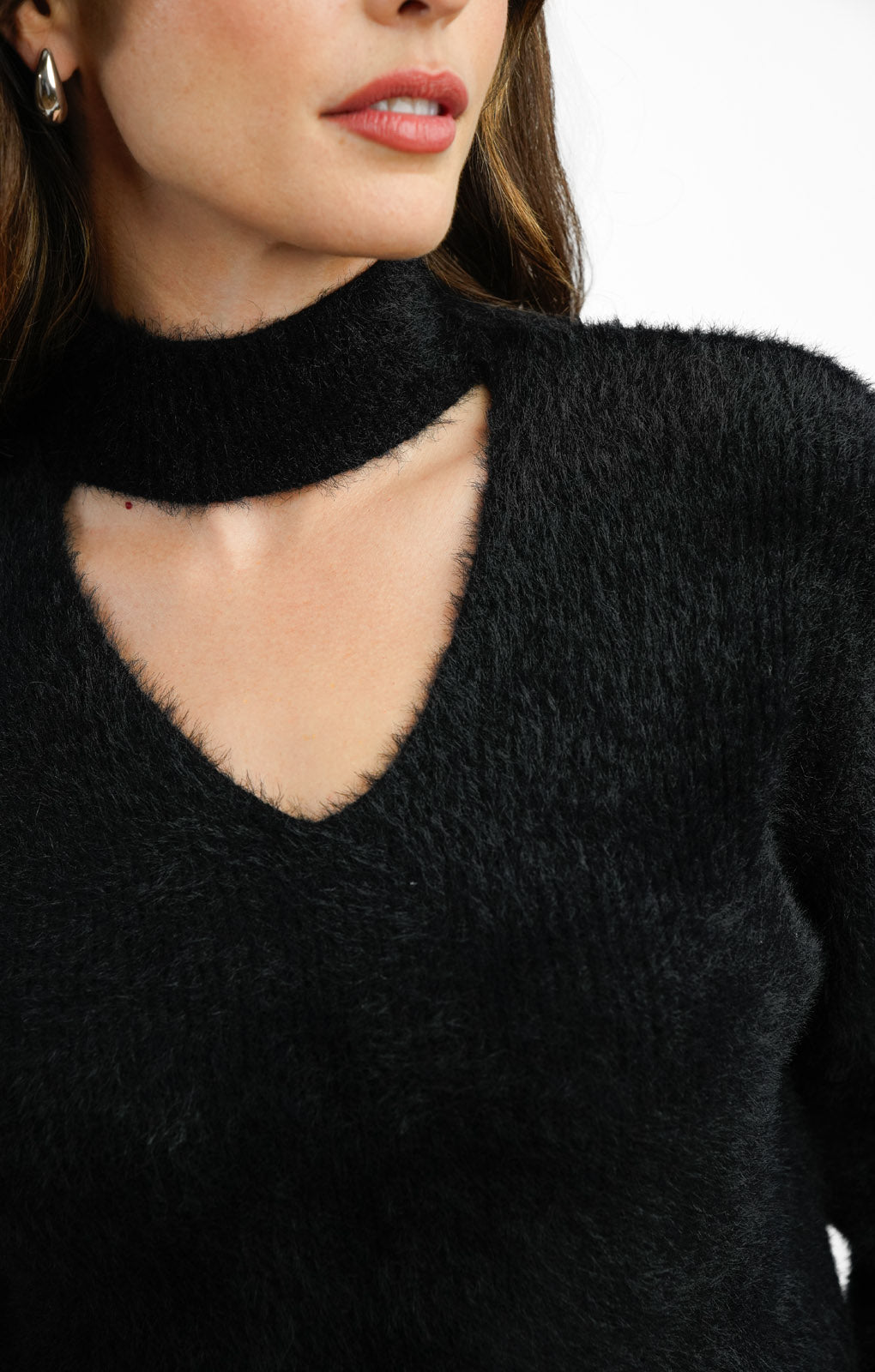 Cut Out Boucle Jumper In Black
