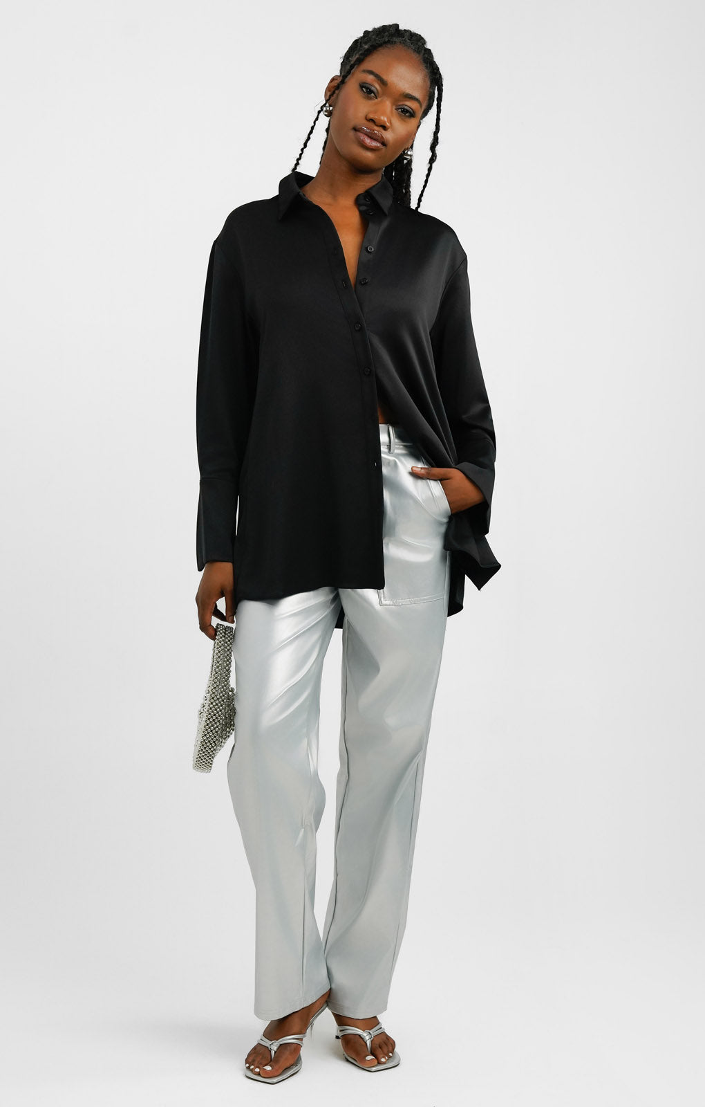 Topshop Satin Oversized Shirt In Black