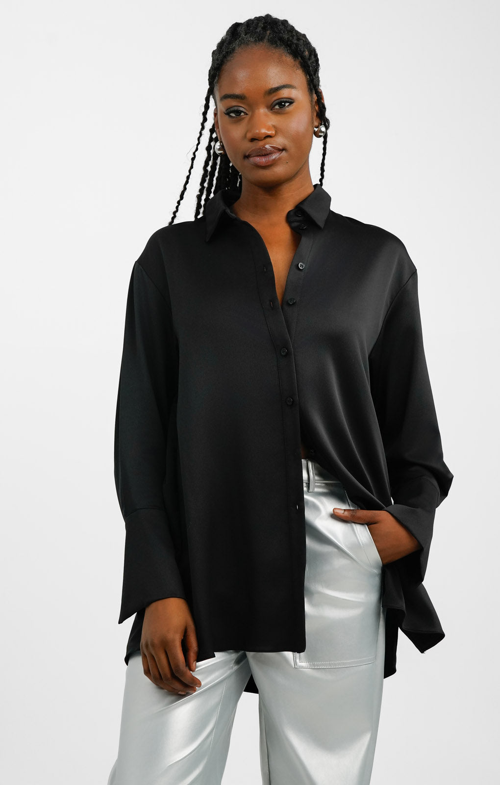 Topshop Satin Oversized Shirt In Black