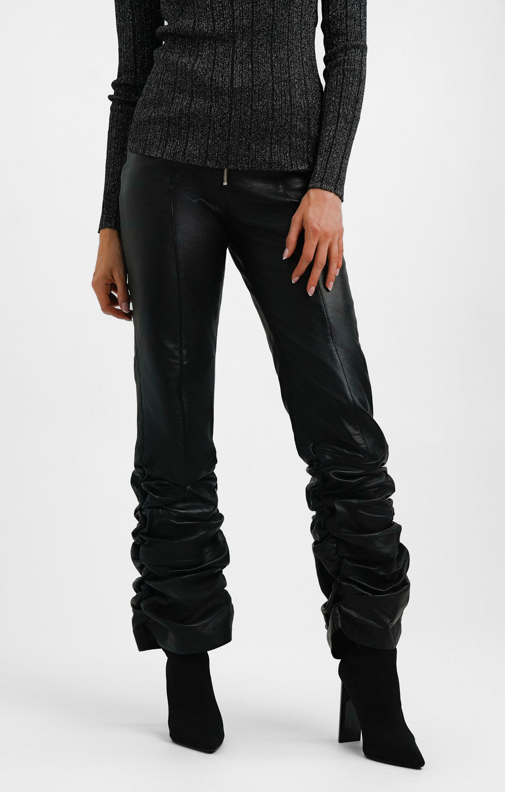 Urbancode Real Leather Ruched Trouser In Black