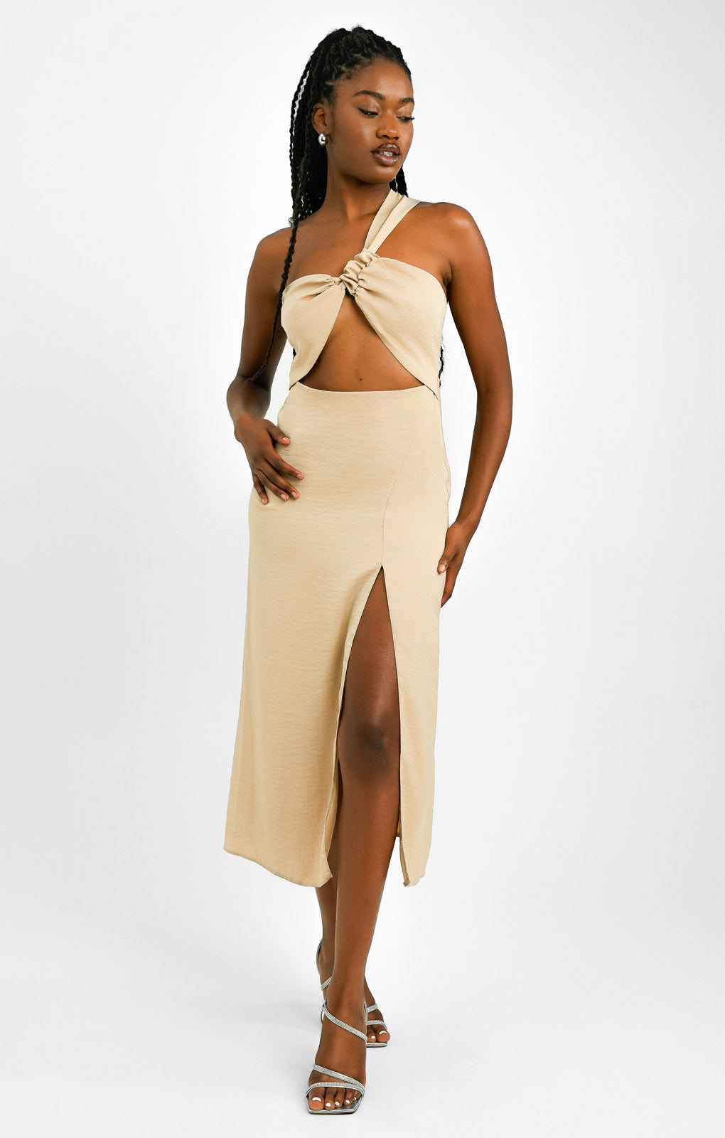 ASOS DESIGN Washed One Shoulder Halterneck Midi Dress With Cut Out Detail In Stone