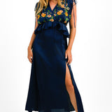 ASOS DESIGN Embroidered Satin Midi Dress With Frill Waist In Navy