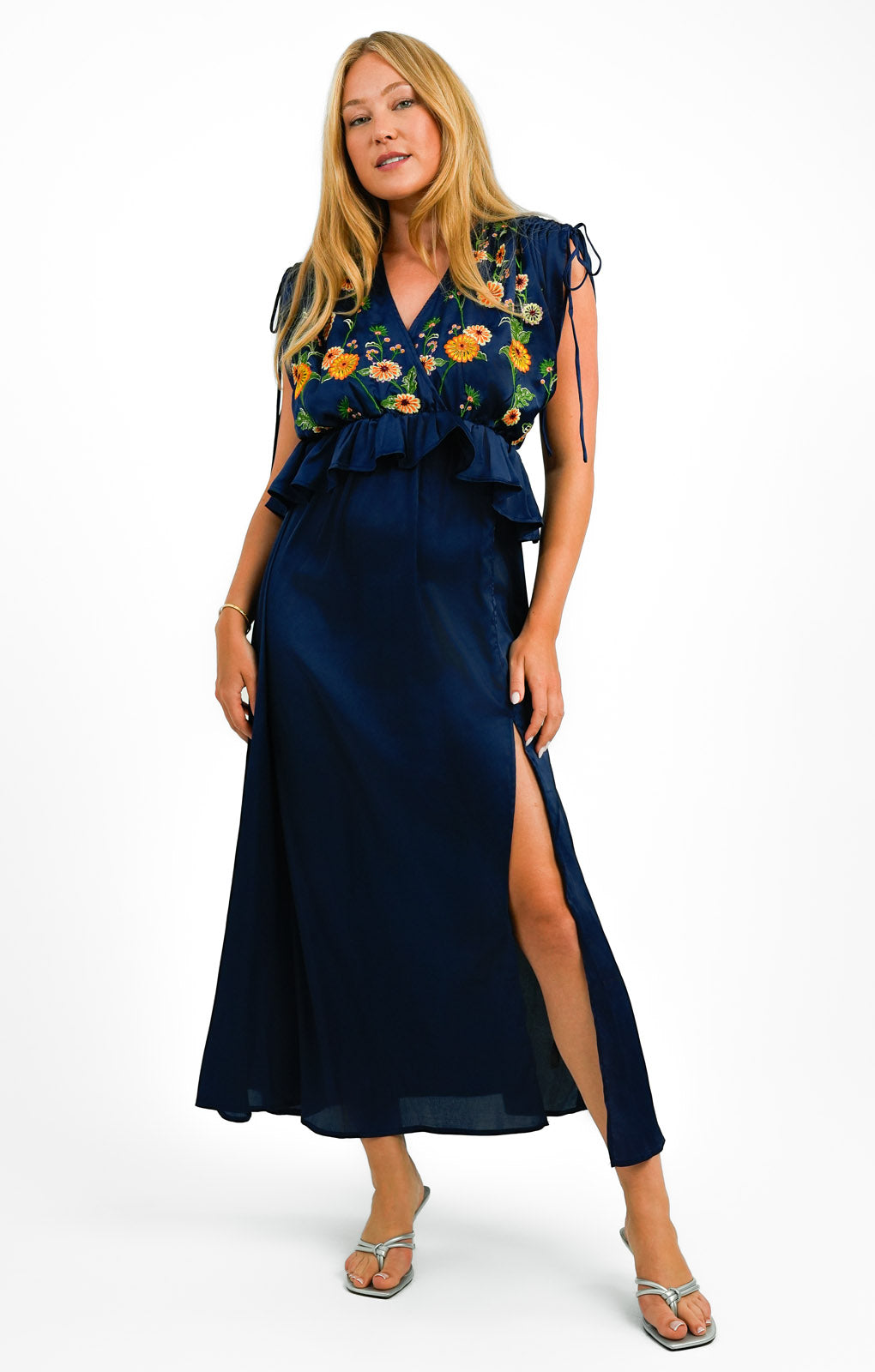 ASOS DESIGN Embroidered Satin Midi Dress With Frill Waist In Navy