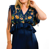 ASOS DESIGN Embroidered Satin Midi Dress With Frill Waist In Navy