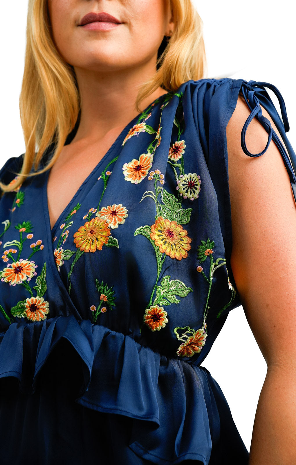 ASOS DESIGN Embroidered Satin Midi Dress With Frill Waist In Navy