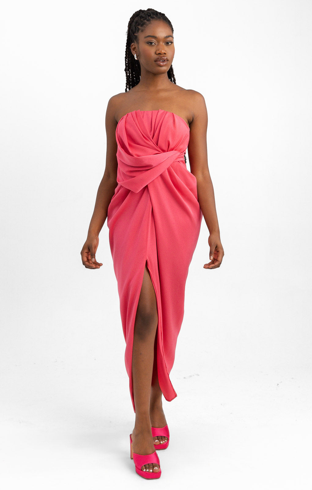 ASOS DESIGN Satin Bandeau Midi Dress With Drape Twist Detail In Hot Pink