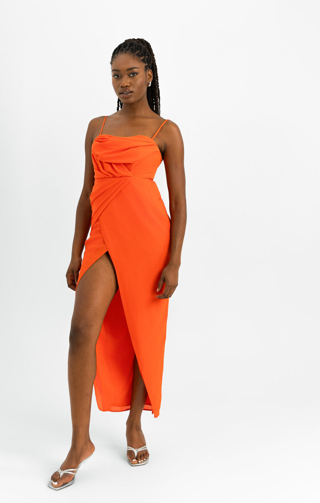 ASOS DESIGN Drape Cowl Neck Midi Dress With Split Detail In Red