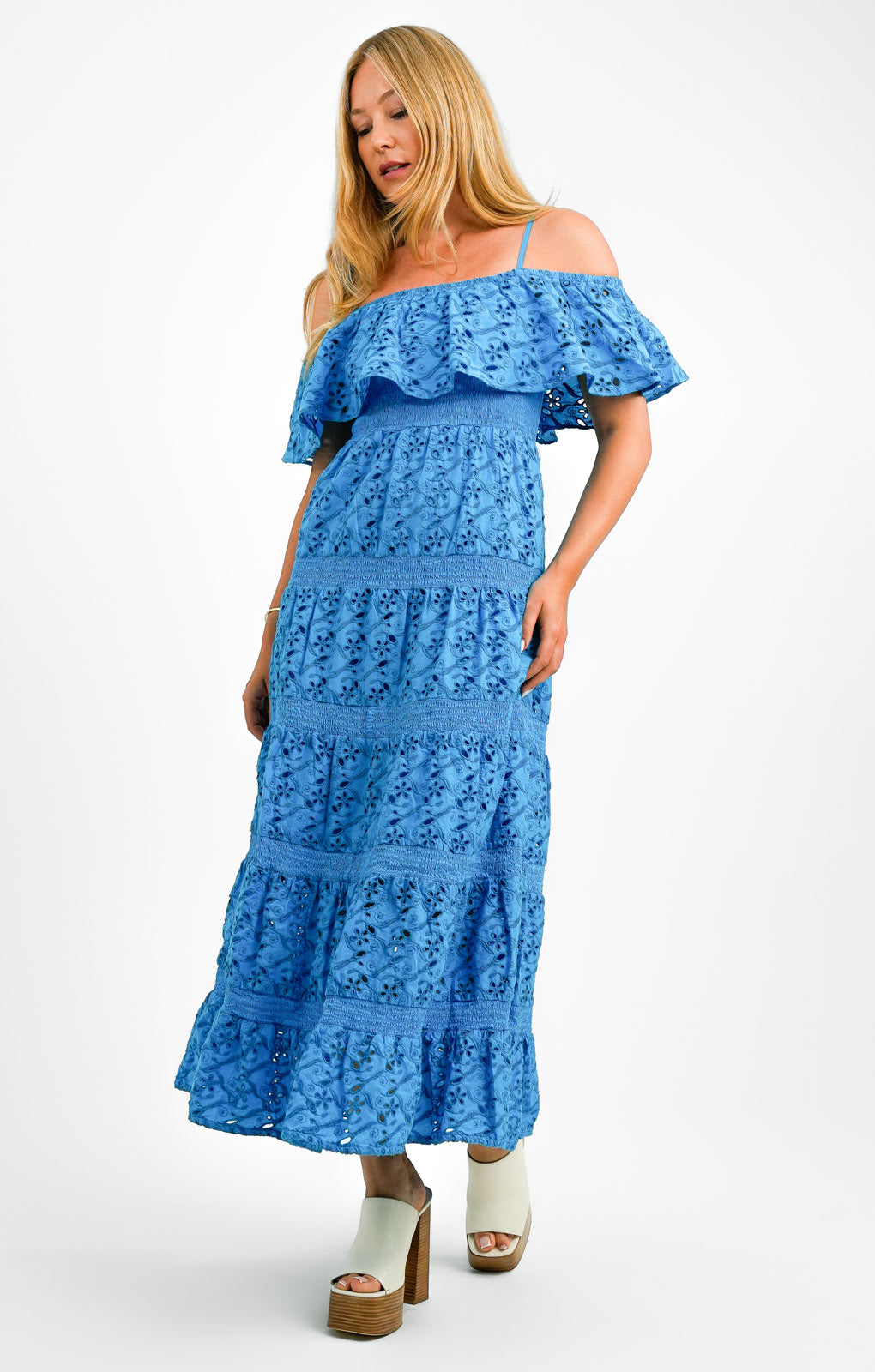 Topshop Strappy Broderie Maxi Dress With Frill Neck In Blue