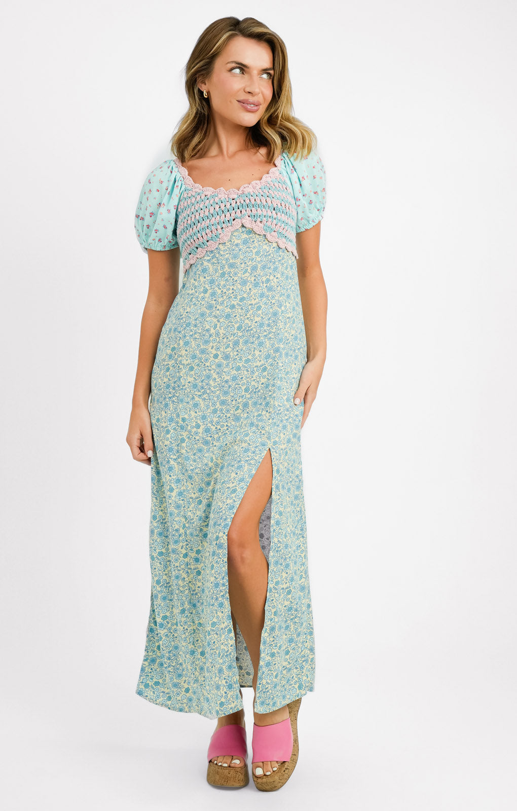 ASOS DESIGN Crochet Bardot Midi Dress In Ditsy Stripe Mix Print
