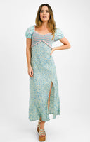 ASOS DESIGN Petite Crochet Bardot Midi Dress In Ditsy And Stripe Mix Print