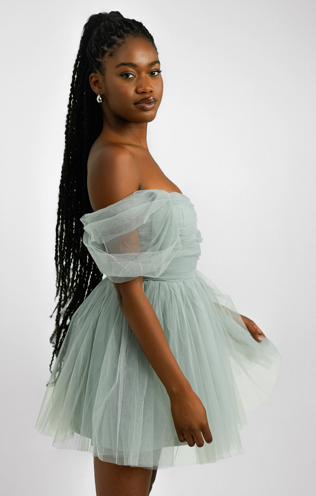 Lace & Beads Wrapped Tulle Mini Dress In Light Grey