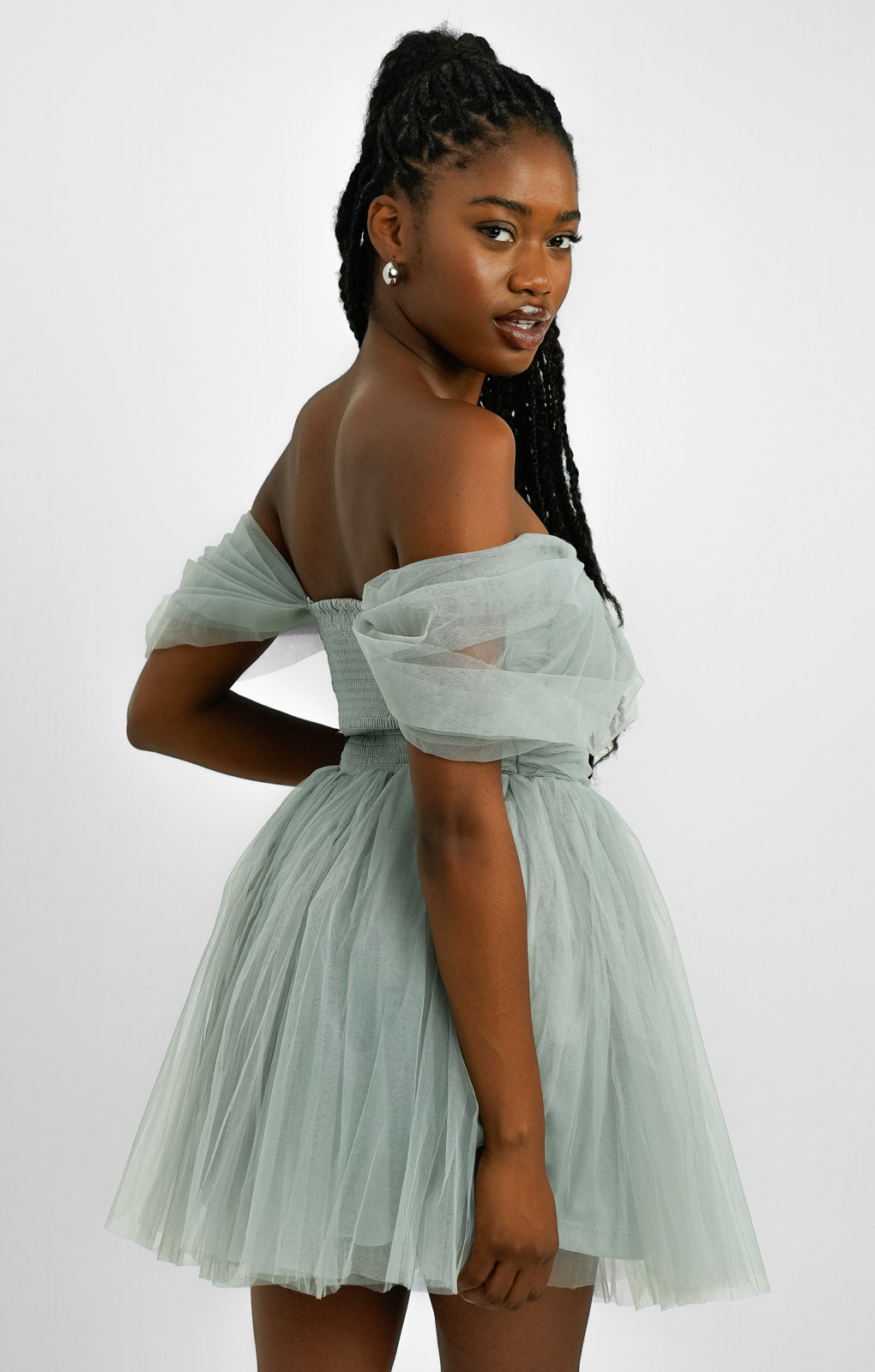 Lace & Beads Wrapped Tulle Mini Dress In Light Grey