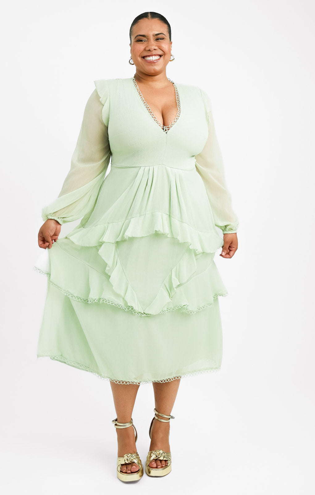 ASOS DESIGN Curve Midi Dress With Long Sleeve And Circle Trim In Sage Green