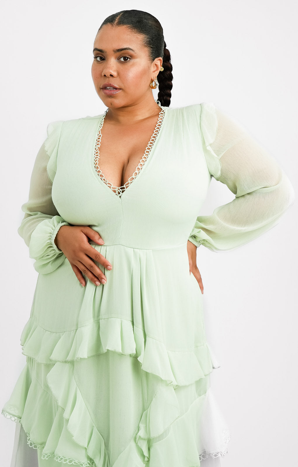 ASOS DESIGN Curve Midi Dress With Long Sleeve And Circle Trim In Sage Green