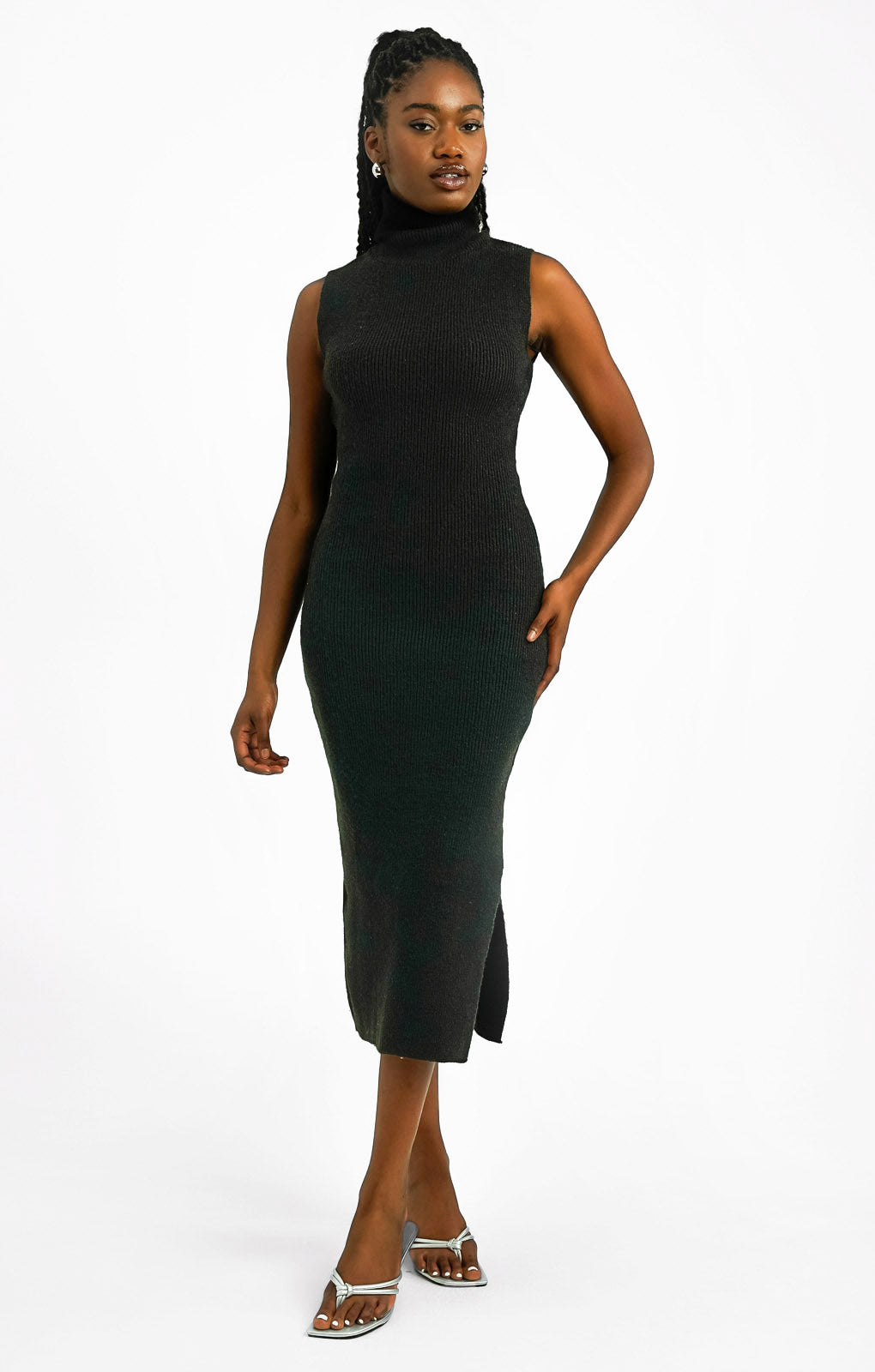 Topshop Knitted Sleeveless Funnel Midi Dress In Black