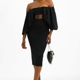 ASOS DESIGN Off Shoulder Draped Sleeves Corset Mesh Insert Midi Dress In Black