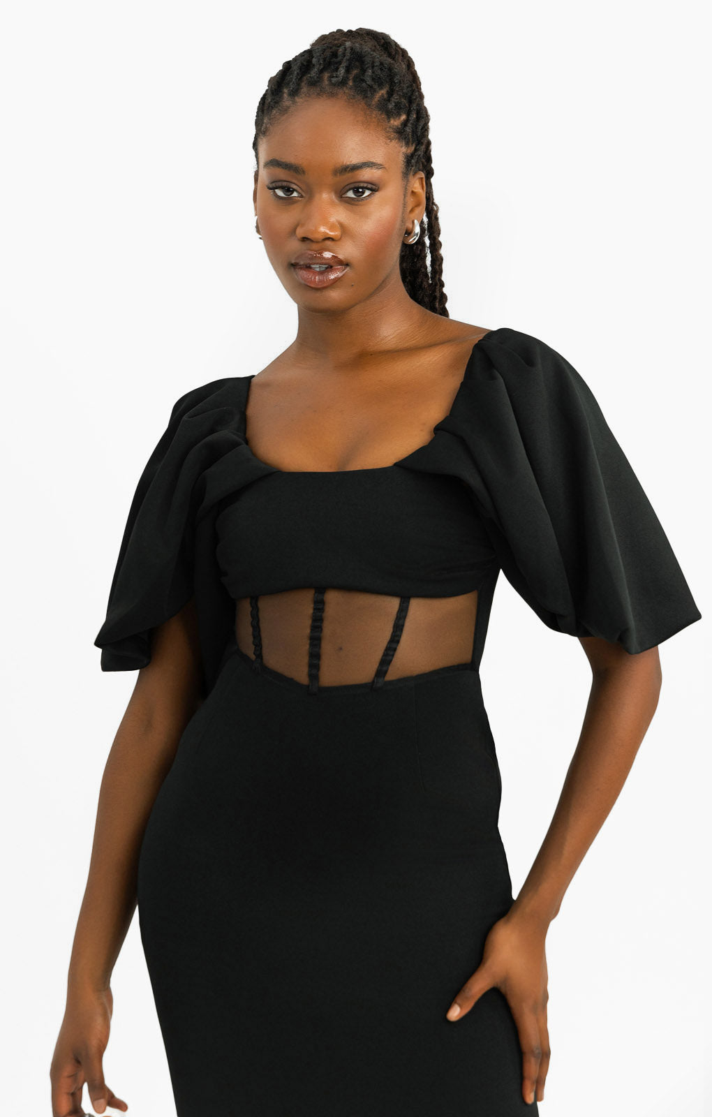 ASOS DESIGN Off Shoulder Draped Sleeves Corset Mesh Insert Midi Dress In Black