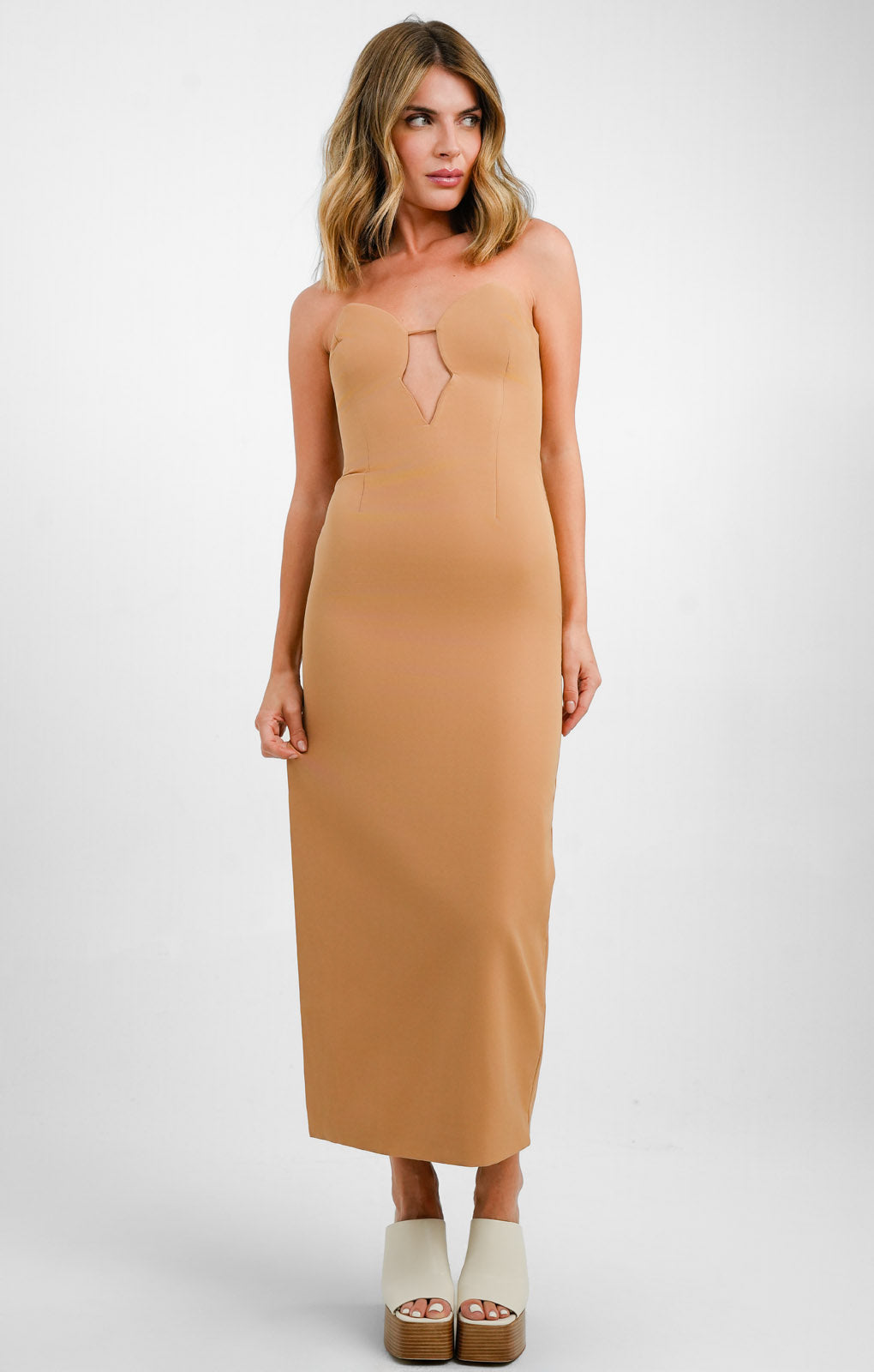 Bardot Shaped Plunge Midaxi Dress With Split In Mocha