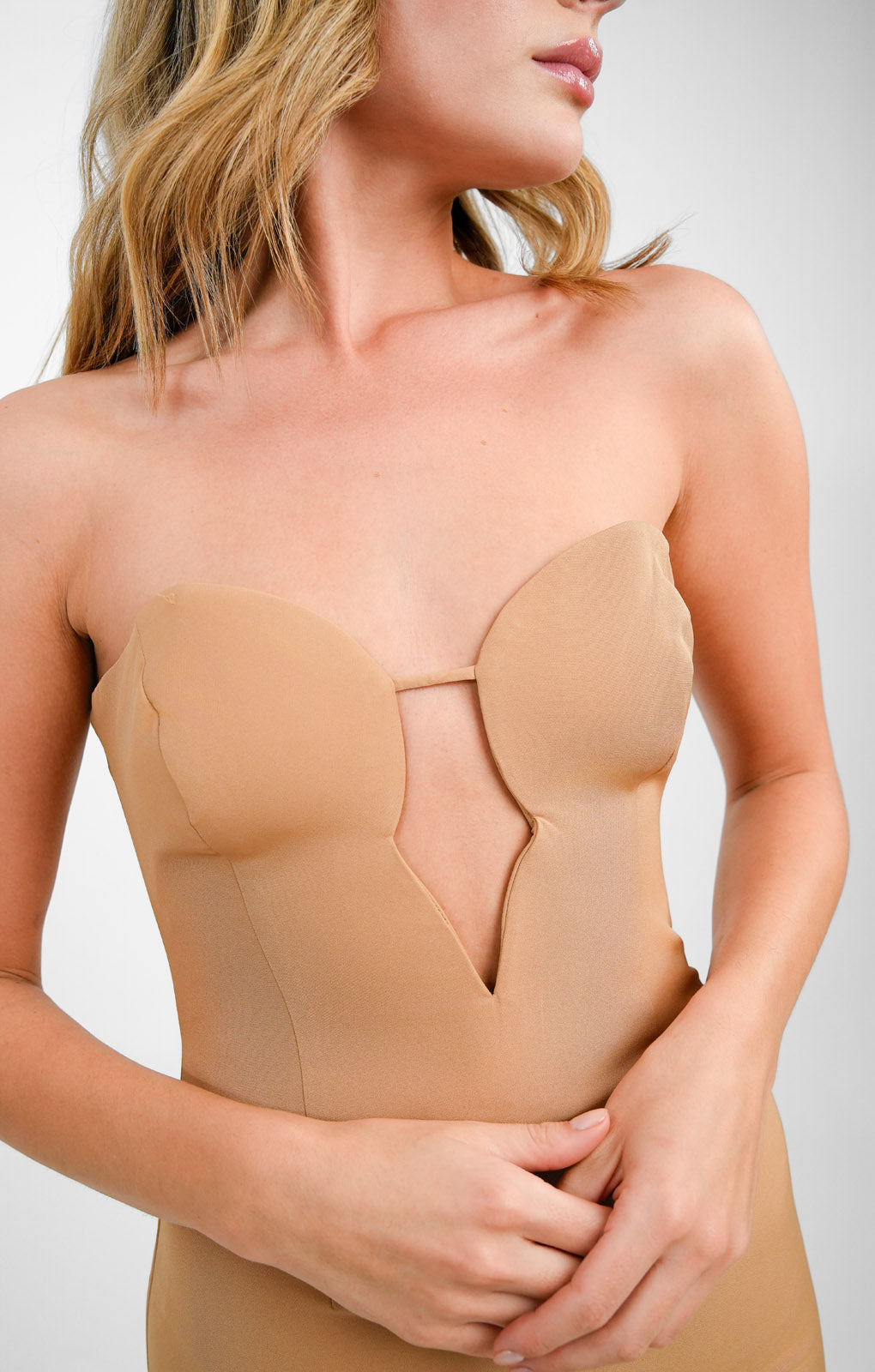 Bardot Shaped Plunge Midaxi Dress With Split In Mocha