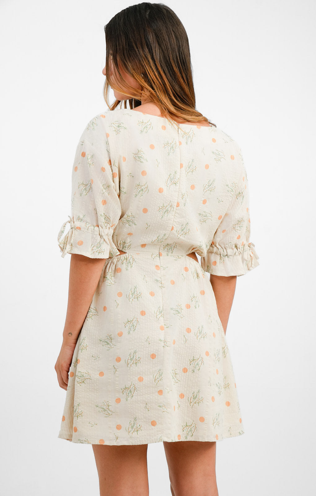 Native Youth Printed Seersucker Cut-Out Detail Mini Dress In Ecru