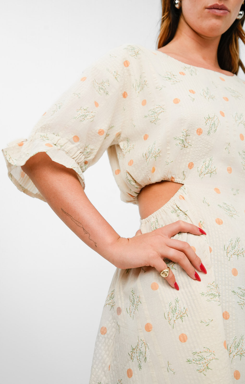 Native Youth Printed Seersucker Cut-Out Detail Mini Dress In Ecru