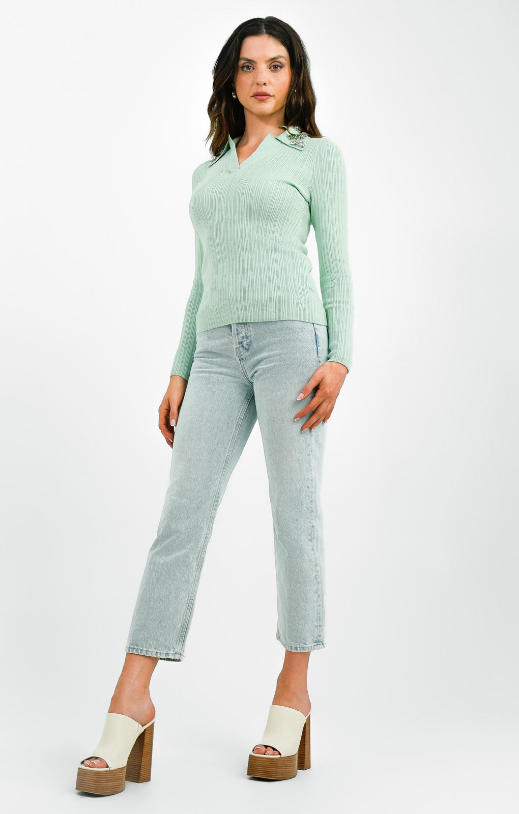 Ribbed Knitted Polo Top With Gem Collar In Mint