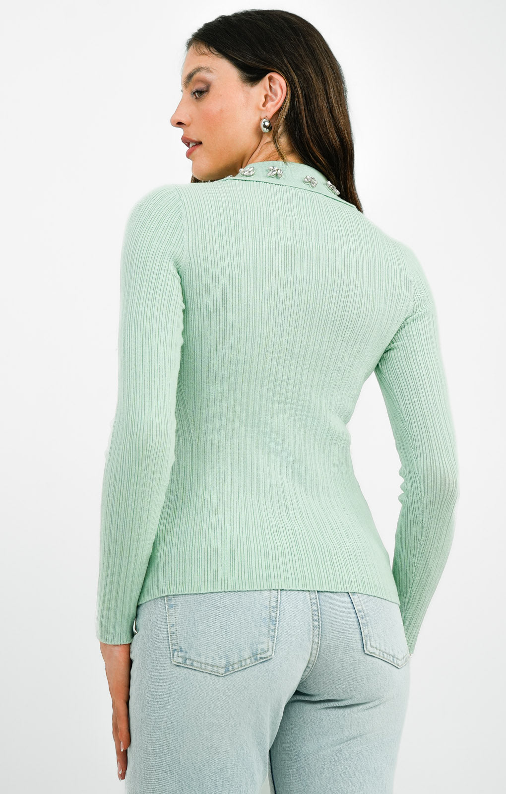 Ribbed Knitted Polo Top With Gem Collar In Mint