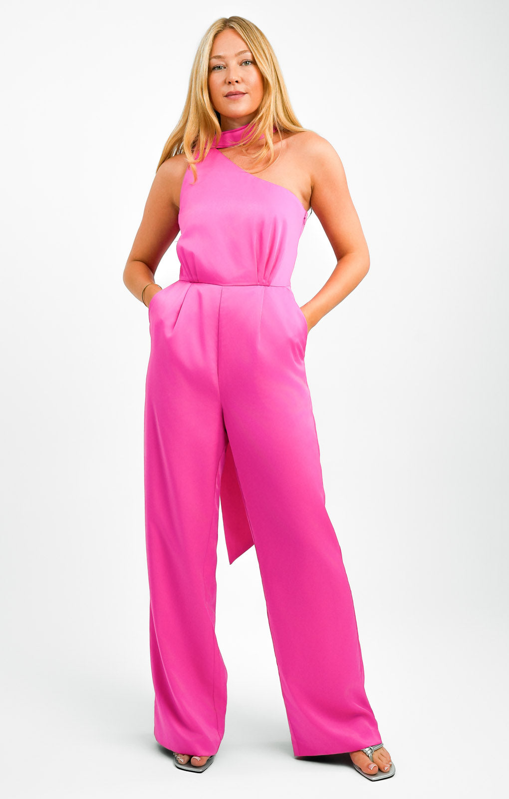 Forever New Tie Neck Jumpsuit In Pink Satin