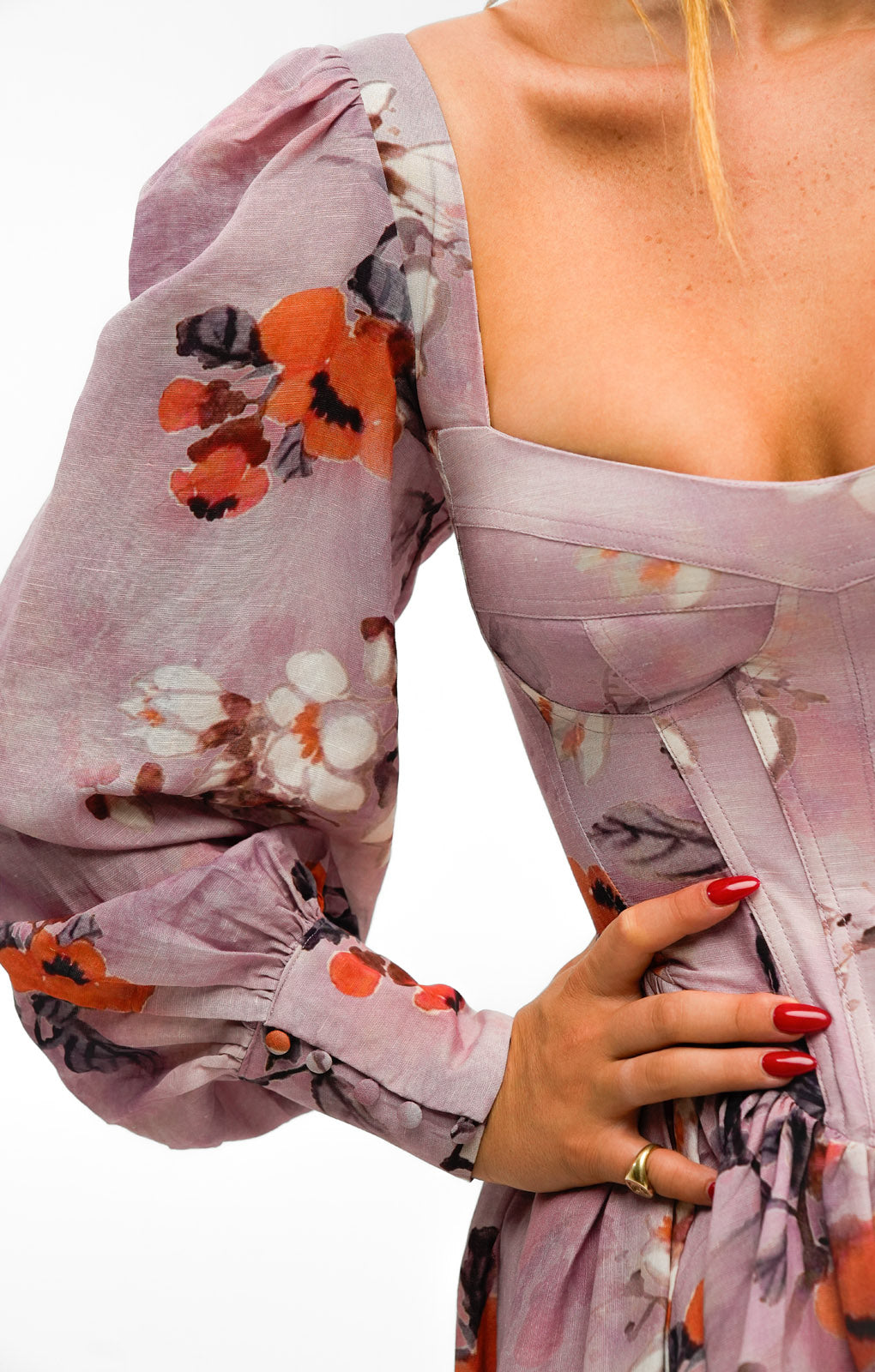Bardot Long Sleeve Corset Mini Dress In Purple Floral