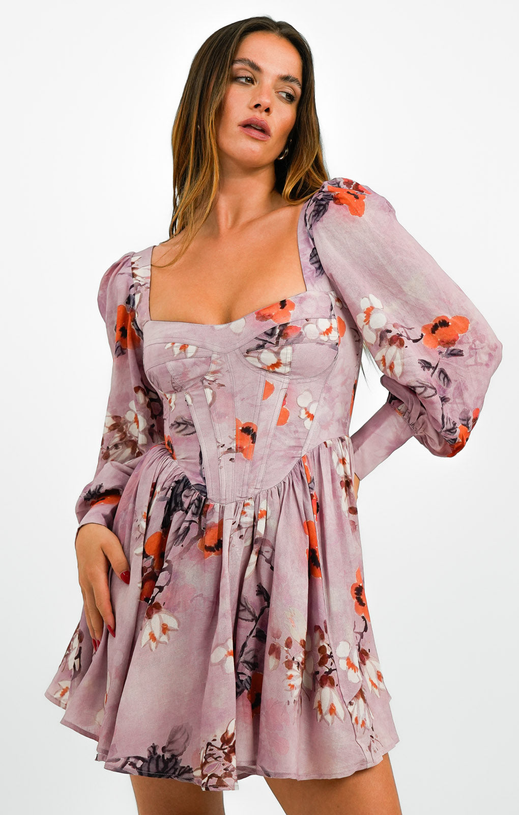 Bardot Long Sleeve Corset Mini Dress In Purple Floral