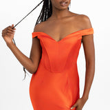 Rare London Satin Bardot Corset Detail Midi Dress In Red