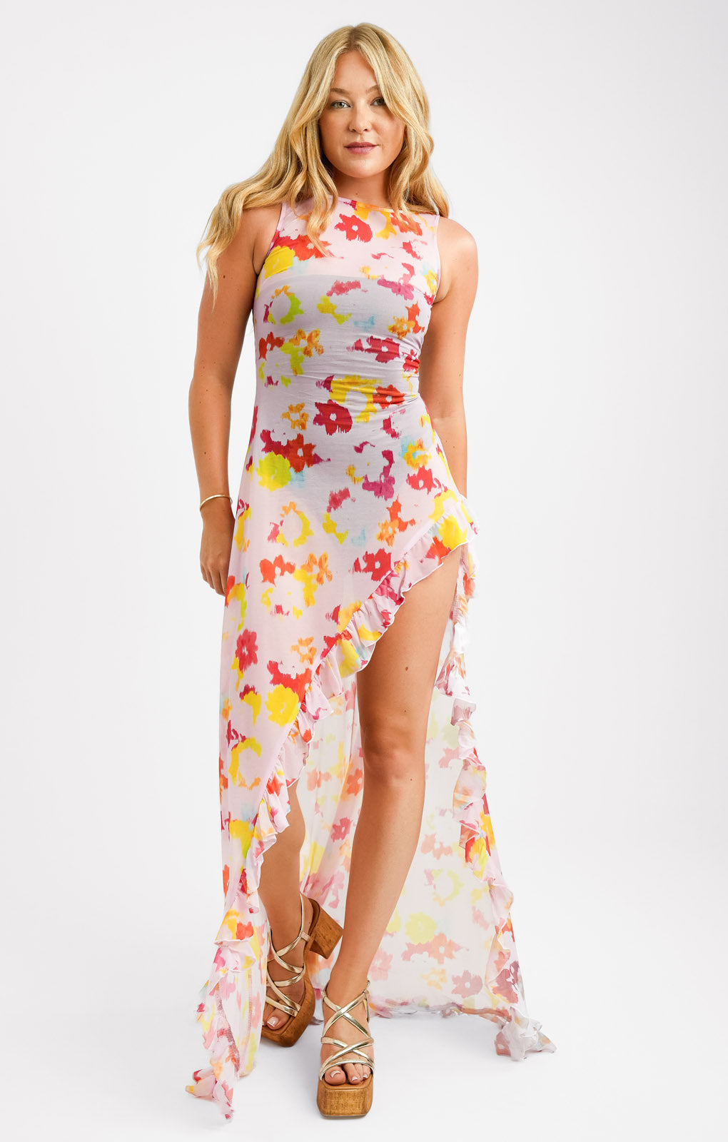 Annorlunda Blurred Acid Floral Print Sheer Chiffon Maxi Dress In Pale Pink