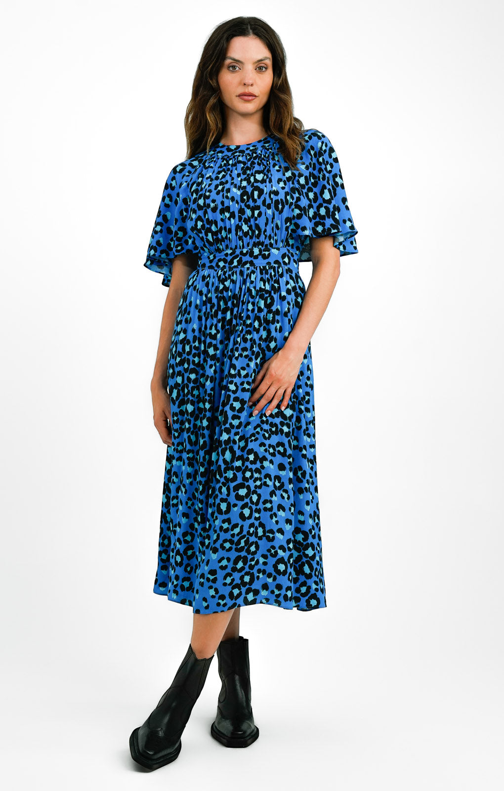 Whistles Flutter Sleeve Midi Dress In Midnight Leopard Print