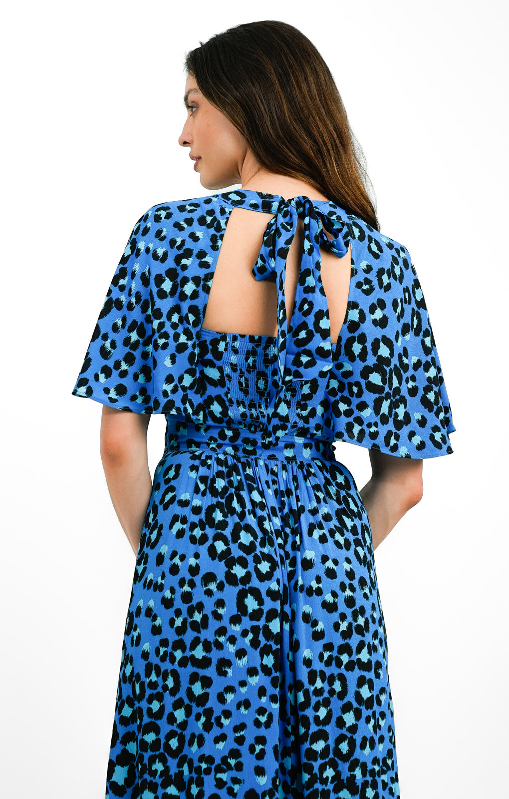Whistles Flutter Sleeve Midi Dress In Midnight Leopard Print