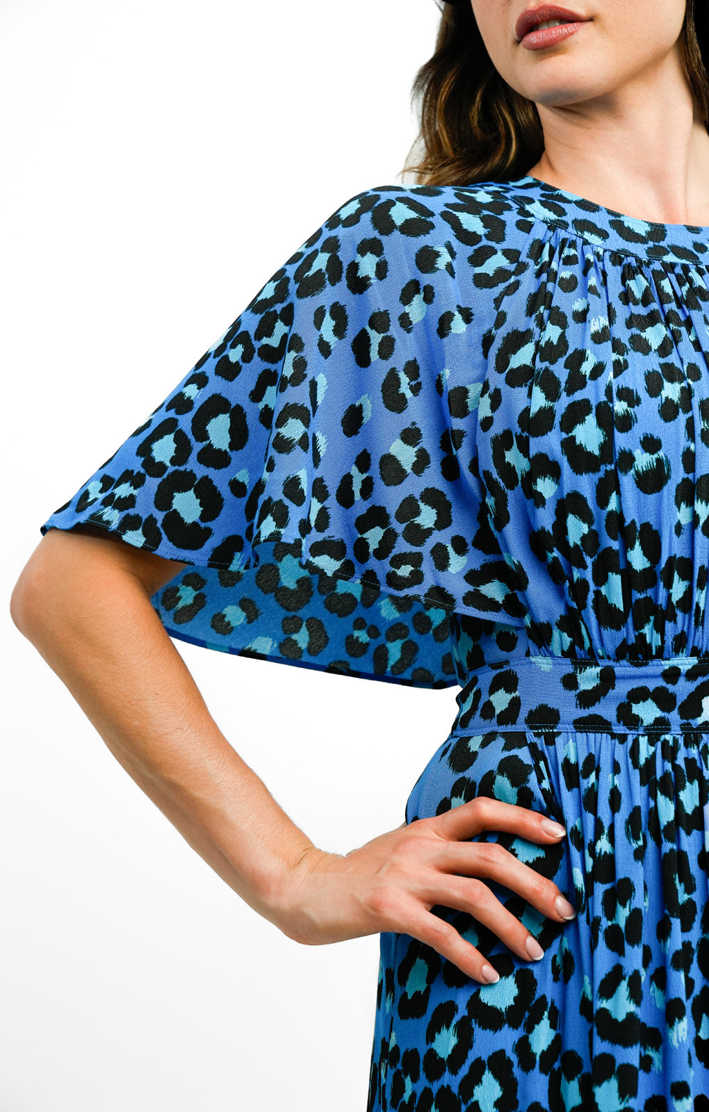 Whistles Flutter Sleeve Midi Dress In Midnight Leopard Print