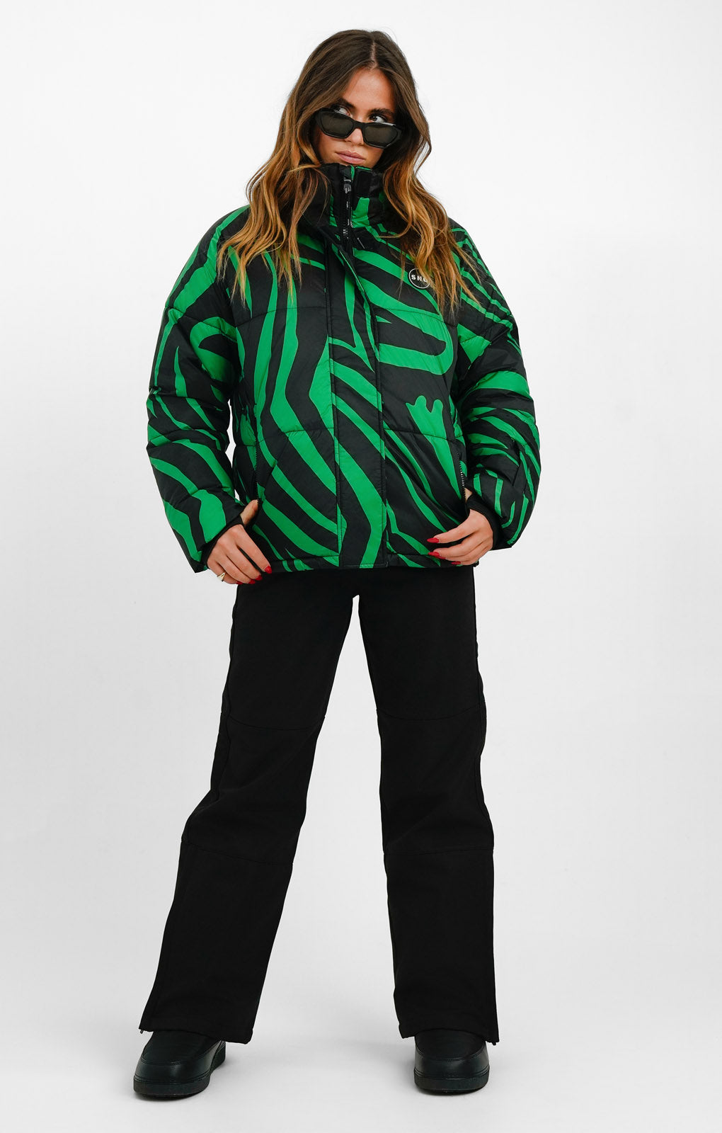 Topshop Sno Funnel Neck Puffer Ski Jacket In Green Zebra Print