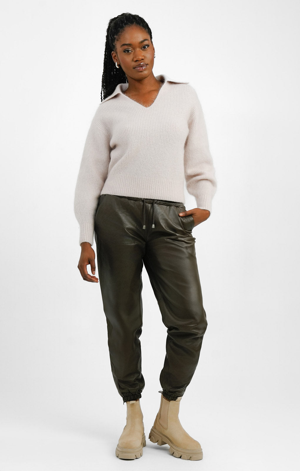 Muubaa Elasticated Leather Joggers In Brown