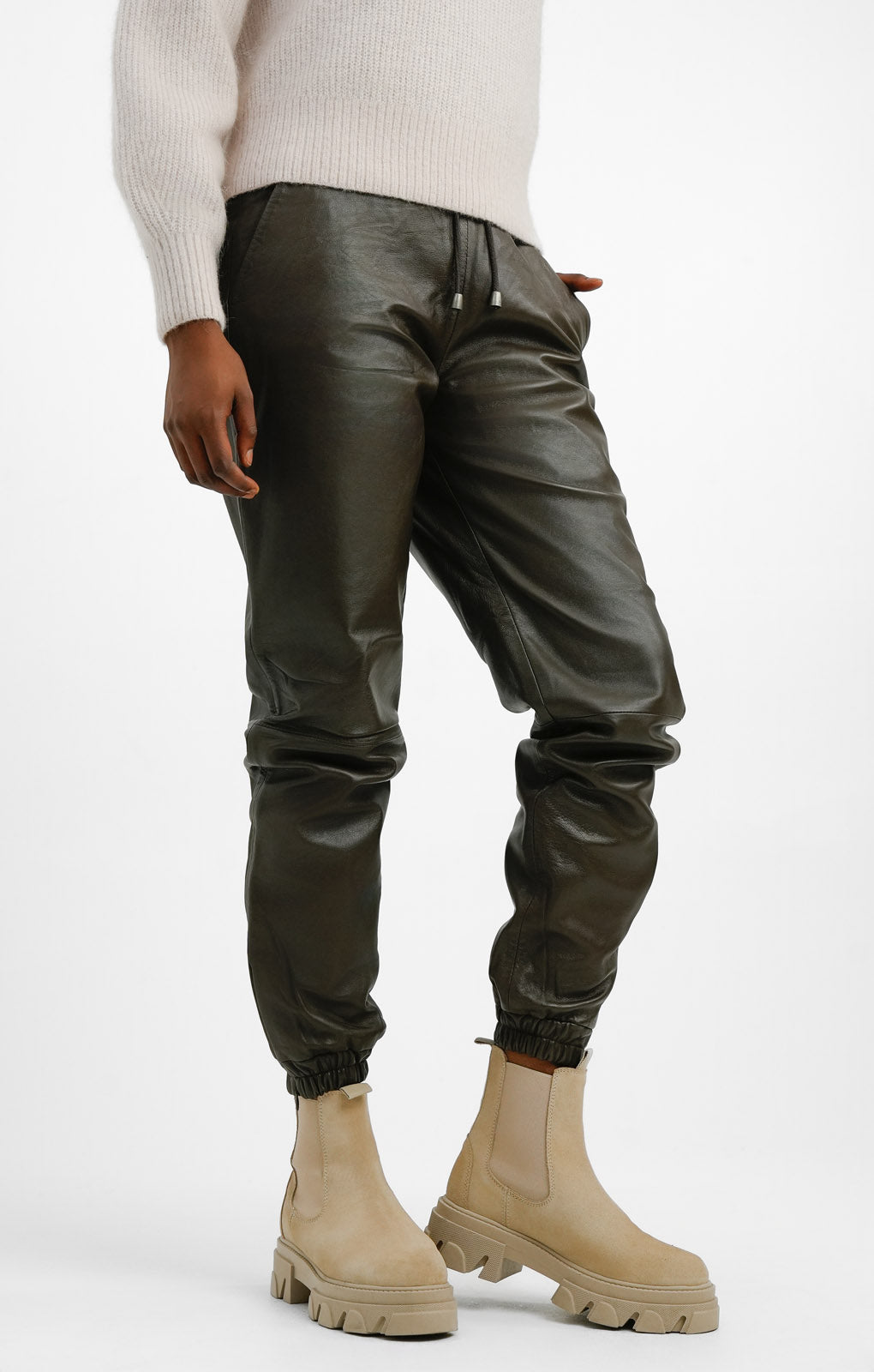 Muubaa Elasticated Leather Joggers In Brown