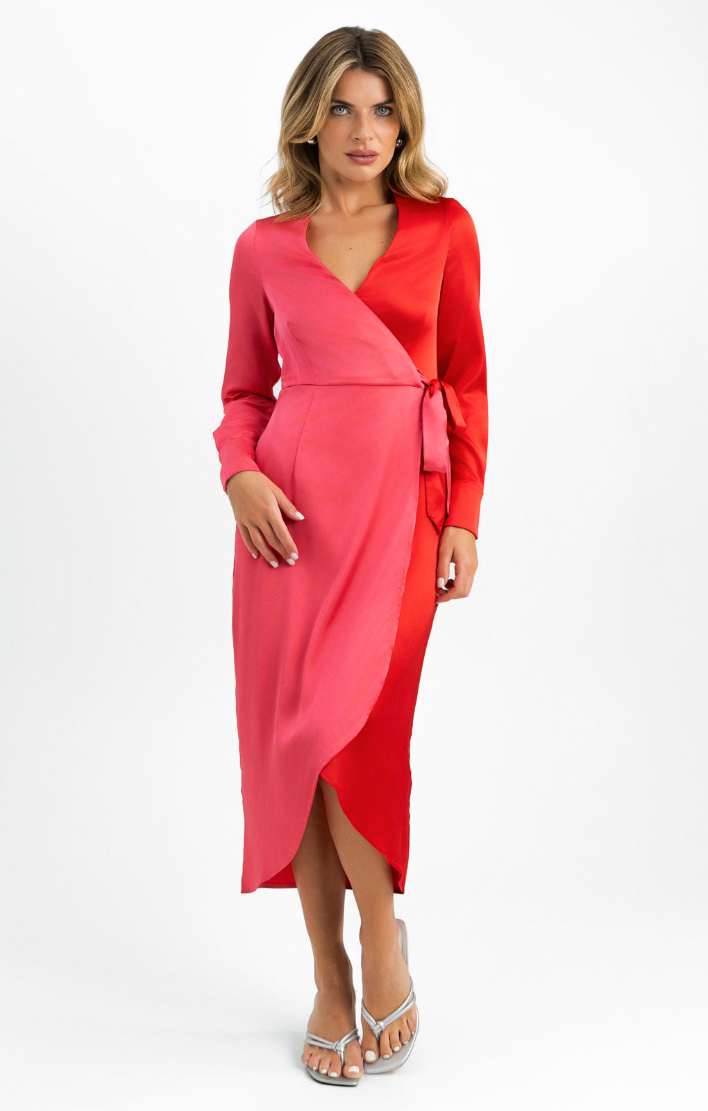 Style Cheat Colour Block Wrap Midaxi Dress In Red And Pink