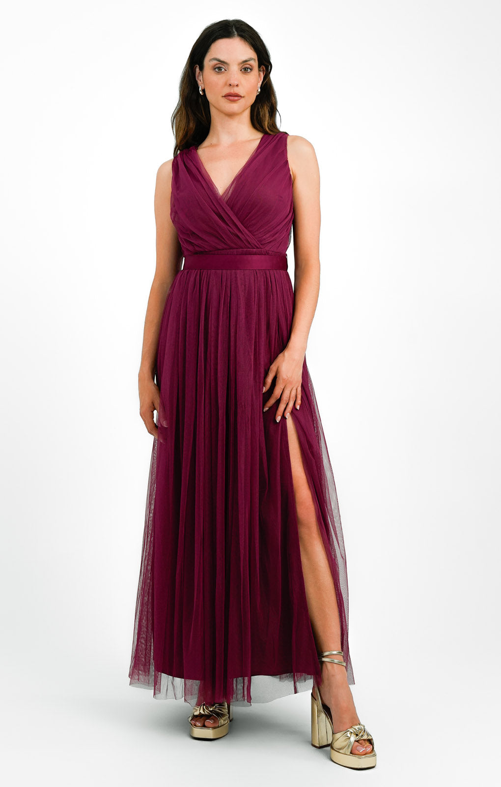 Anaya Wrap Front Maxi Tulle Dress In Red Plum