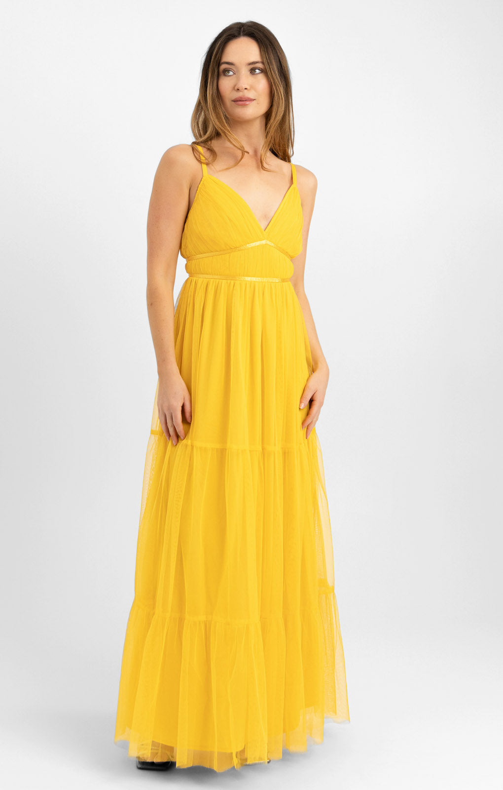 Rent Anaya Petite Tulle Maxi Dress With Tiered Skirt In Yellow