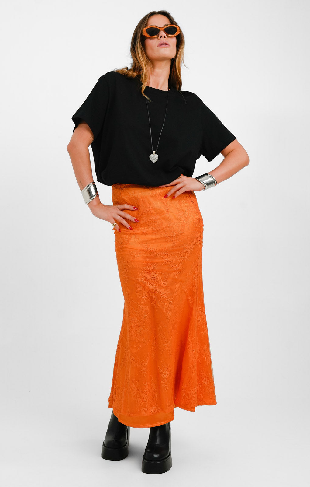 Never Fully Dressed Lace Maxi Skirt In Orange