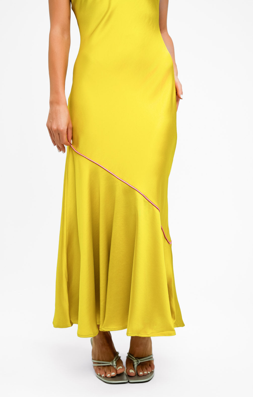 Never Fully Dressed Asymmetric Contrast Satin Slip Dress In Chartreuse