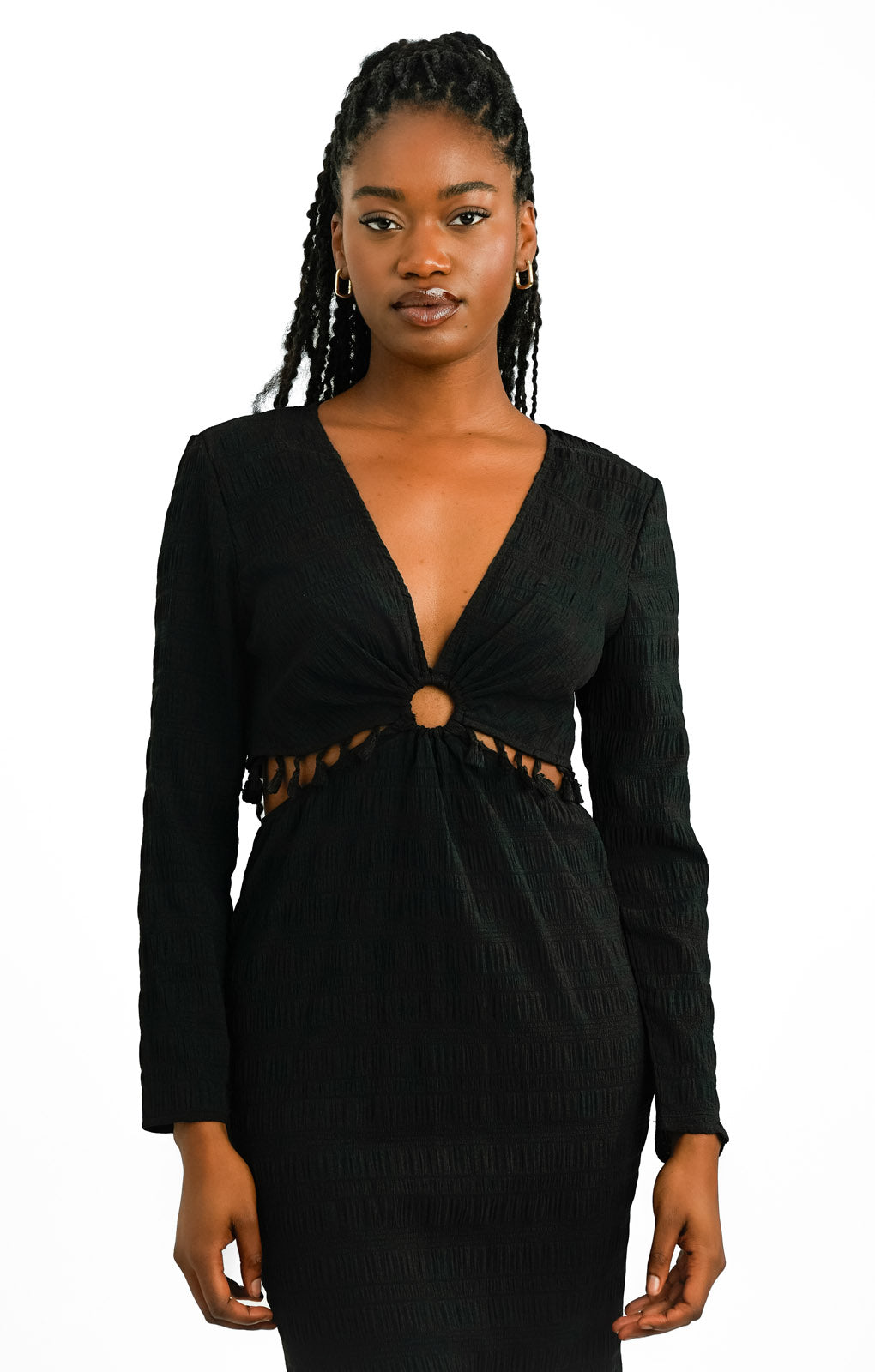 Never Fully Dressed Textured Cut-Out Tassel Midaxi Dress In Black