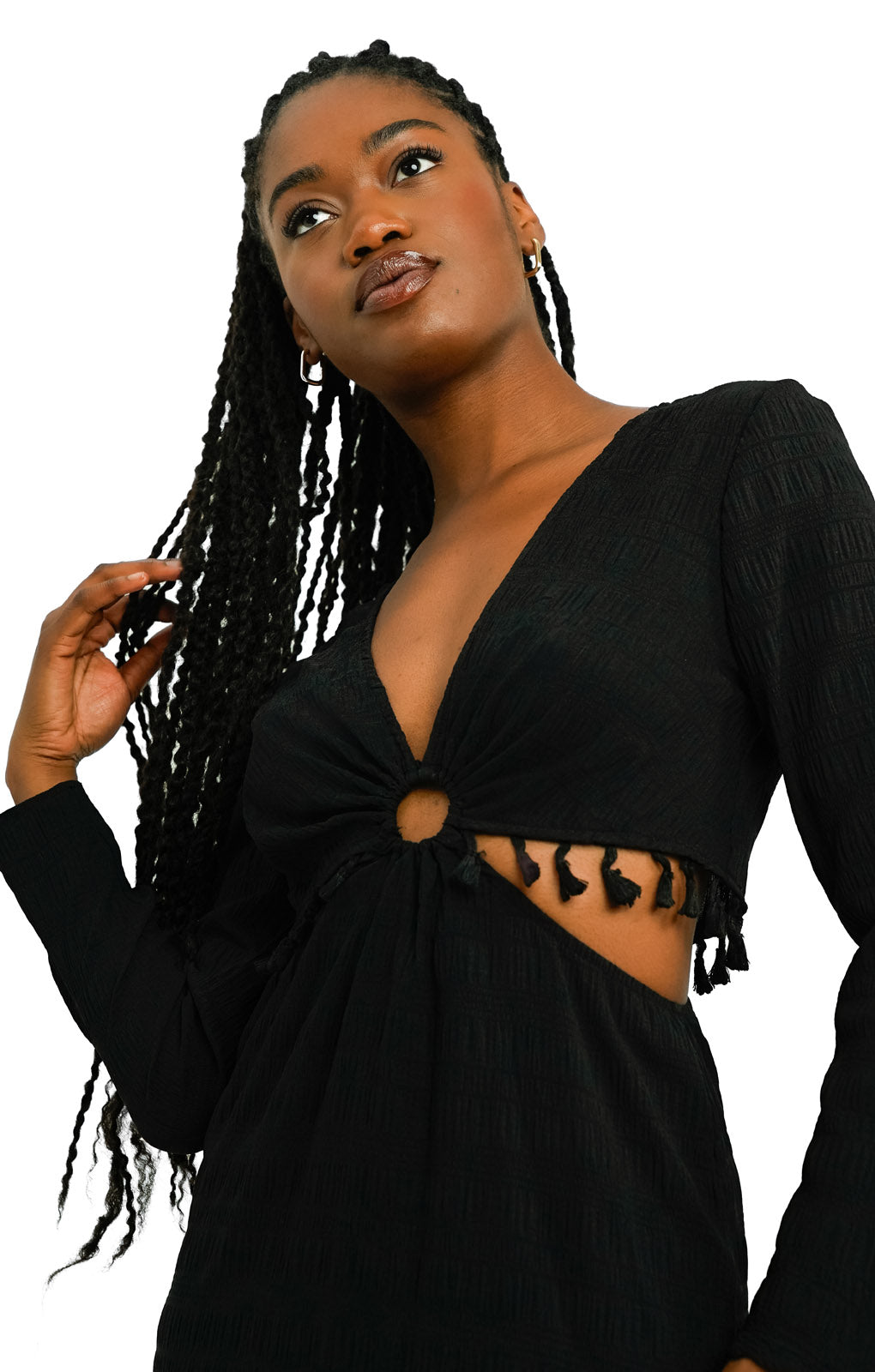 Never Fully Dressed Textured Cut-Out Tassel Midaxi Dress In Black